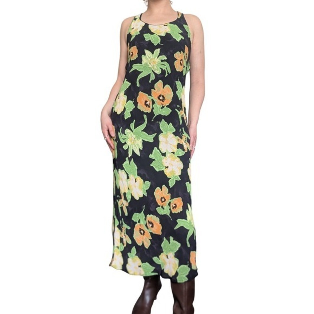 Mgr Vintage 90s Cottagecore Lime Green Painted Floral Flowy Maxi Dress - Picture 3 of 6